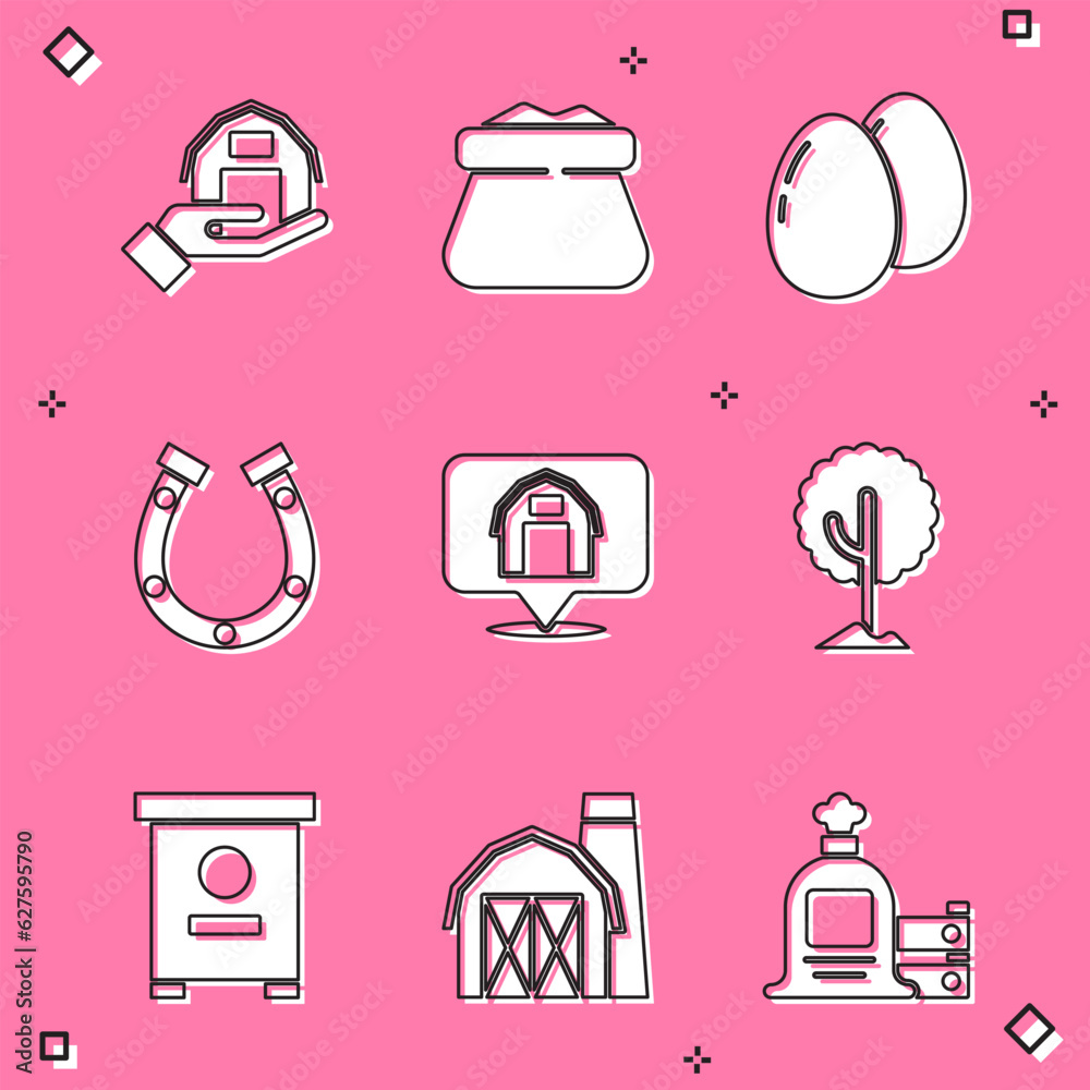 Set Farm house in hand, Full sack, Chicken egg, Horseshoe, Location farm, Tree, Hive for bees and icon. Vector Set Farm house in hand, Full sack, Chicken egg, Horseshoe, Location farm, Tree, Hive for bees and icon. Vector