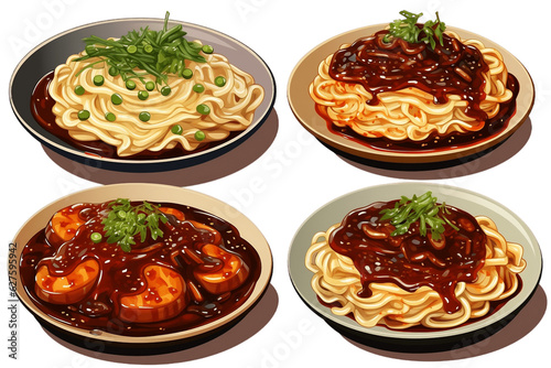 Jajangmyeon Set Collection Graphic Clipart Isolated on Transparent Background. Generative AI