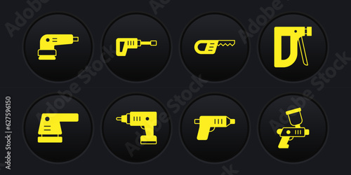 Set Electric sander, Construction stapler, cordless screwdriver, Reciprocating saw, Rotary hammer drill machine, Paint spray gun and icon. Vector