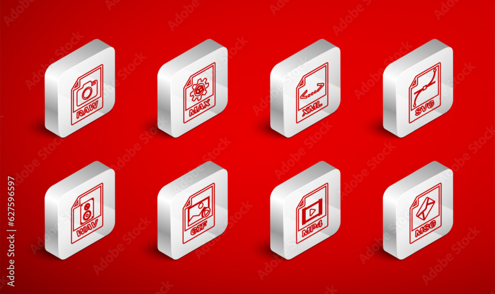 Set line MSG file document, MAX, XML, SVG, MP4, RAW, GIF and WAV icon. Vector Set line MSG file document, MAX, XML, SVG, MP4, RAW, GIF and WAV icon. Vector