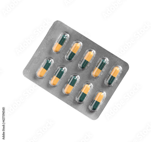 Blister of pills on white background  top view