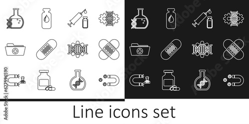 Set line Customer attracting, Crossed bandage plaster, Medical syringe vial, Bandage, Health record folder, DNA research, search, Genetic engineering and ampoule icon. Vector