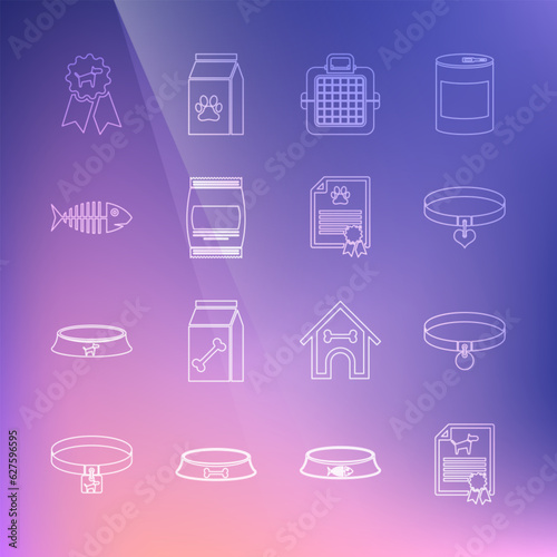Set line Certificate for dog or cat, Collar, and heart, Pet carry case, Bag of food, Fish skeleton, Dog award symbol and icon. Vector