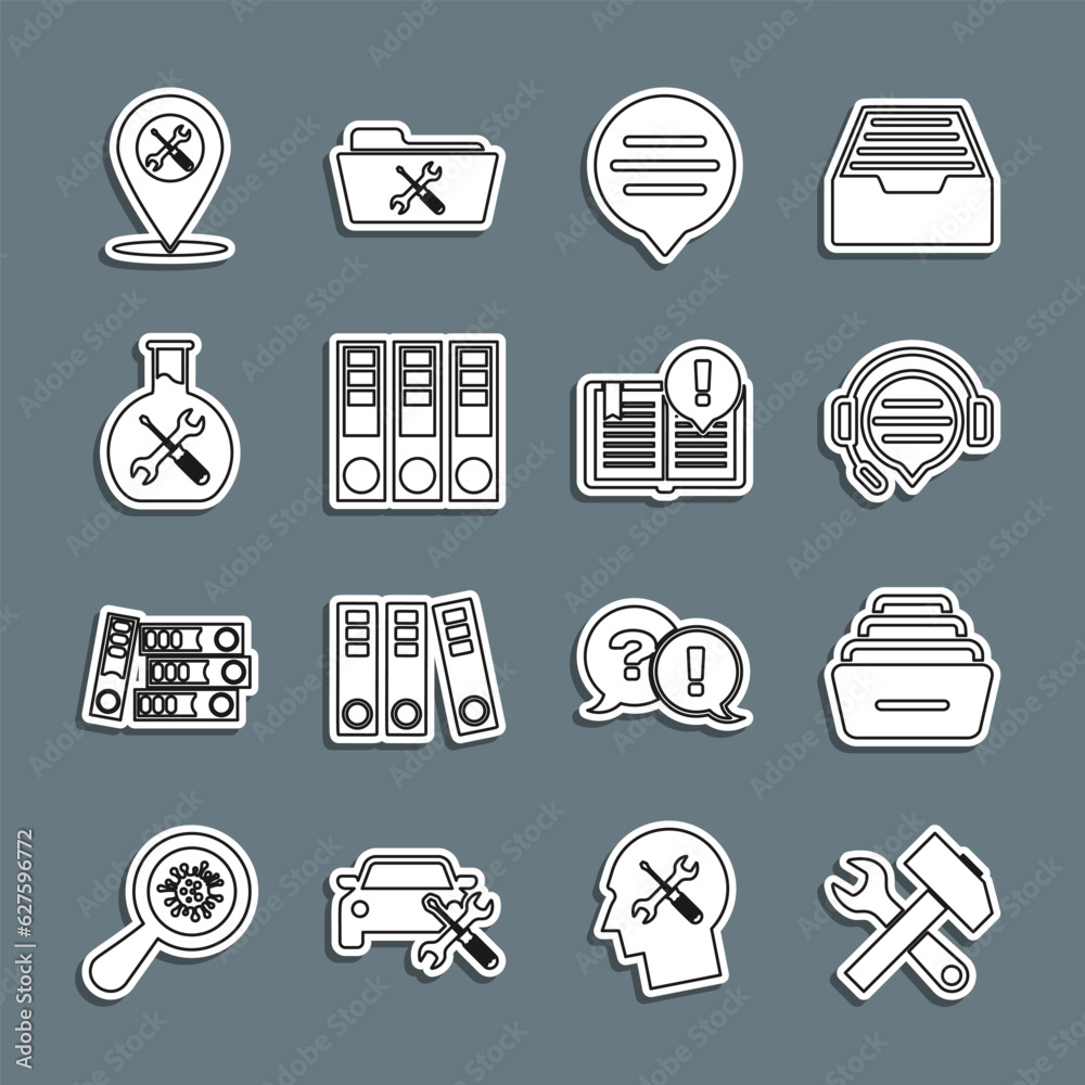 Set line Crossed hammer and wrench, Drawer with documents, Headphones speech bubble chat, Speech, Office folders, Bioengineering service, Location and Interesting facts icon. Vector Set line Crossed hammer and wrench, Drawer with documents, Headphones speech bubble chat, Speech, Office folders, Bioengineering service, Location and Interesting facts icon. Vector