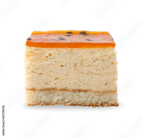 Piece of cheesecake with jelly on white background