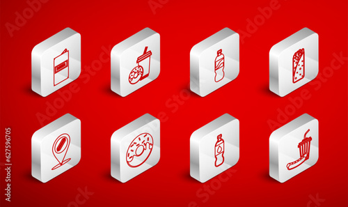 Set line Soda and hotdog, drink with donut, Bottle of water, Burrito, Beer can, Donut and Location icon. Vector