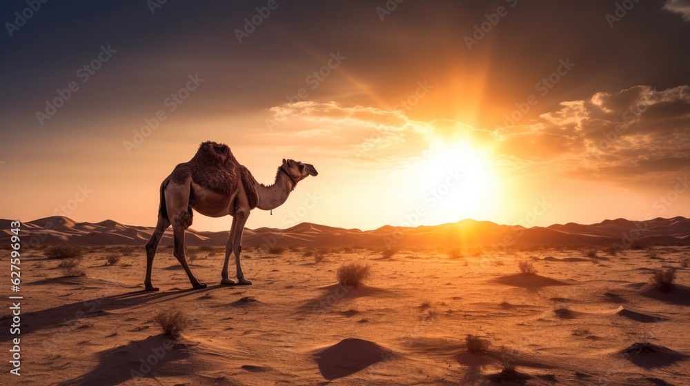 A camel in the desert Dubai, United Arab Emirates, beautiful sky at sunrise. Generative Ai A camel in the desert Dubai, United Arab Emirates, beautiful sky at sunrise. Generative Ai