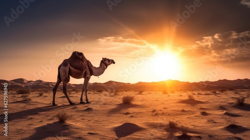 A camel in the desert Dubai  United Arab Emirates  beautiful sky at sunrise. Generative Ai