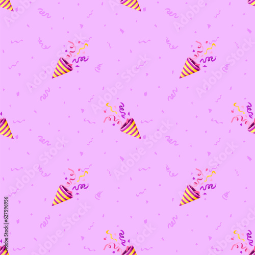 Party popper confetti seamless pattern pink flat. Cartoon cover wrapping paper pattern fabric wallpaper texture birthday party celebrate fireworker tools firecracker ribbon colorful white background