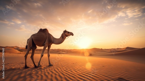 A camel in the desert Dubai  United Arab Emirates  beautiful sky at sunrise. Generative Ai
