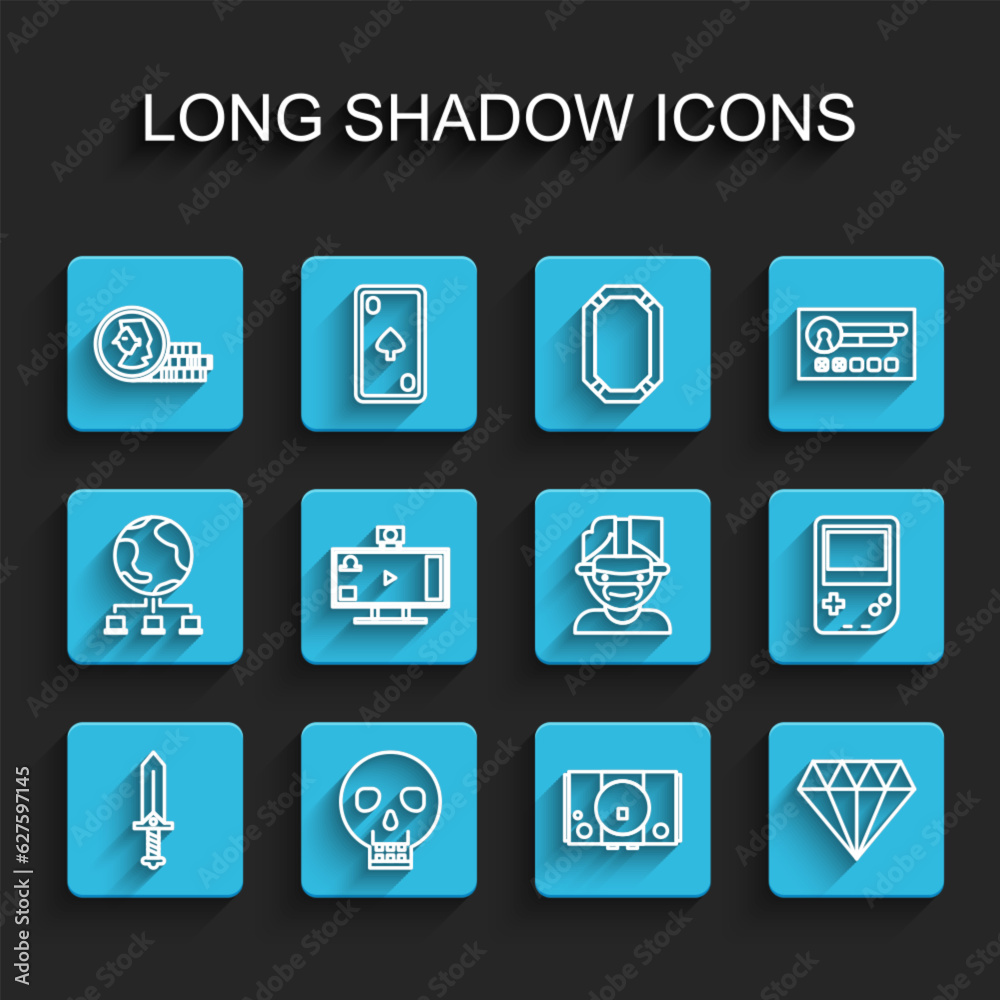 Set line Sword for game, Skull, Coin, Video console, Diamond, Live streaming online, Portable video and Virtual reality glasses icon. Vector Set line Sword for game, Skull, Coin, Video console, Diamond, Live streaming online, Portable video and Virtual reality glasses icon. Vector