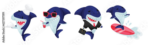 Blue Toothy Cartoon Shark Engaged in Different Activity Vector Set