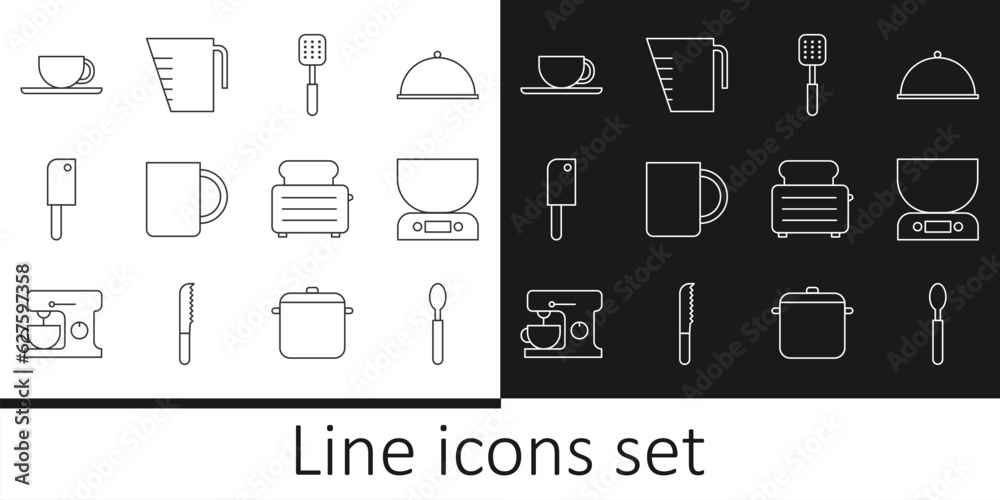 Set line Spoon, Electronic scales, Spatula, Coffee cup, Meat chopper, Toaster with toasts and Measuring icon. Vector Set line Spoon, Electronic scales, Spatula, Coffee cup, Meat chopper, Toaster with toasts and Measuring icon. Vector