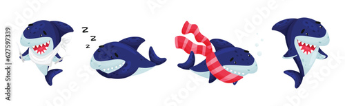 Blue Toothy Cartoon Shark Engaged in Different Activity Vector Set