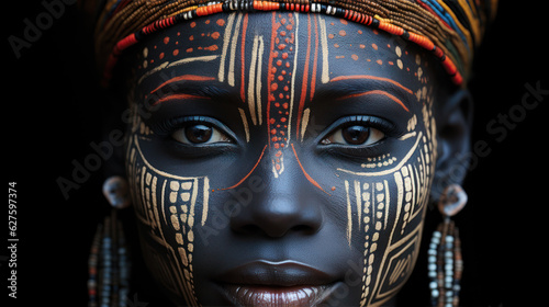 Sacred Elegance: African Face Embellished with Ritual Scars. Generative AI