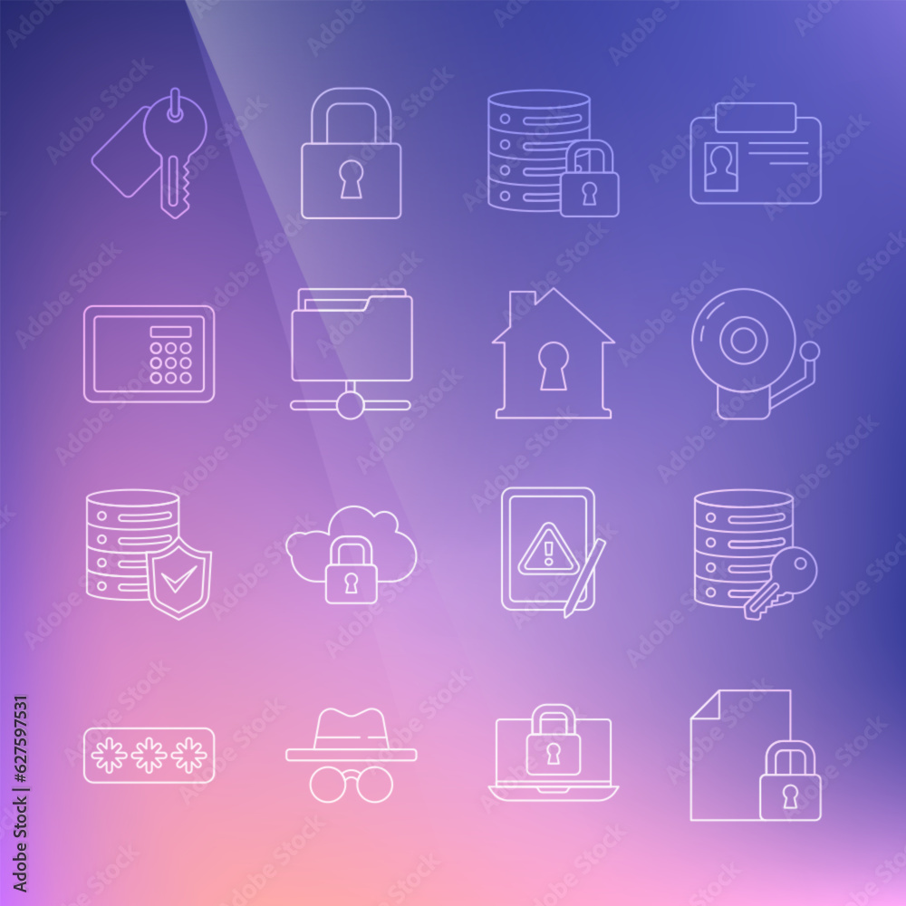 Set line Document and lock, Server security with key, Ringing alarm bell, FTP folder, Safe, Marked and House under protection icon. Vector Set line Document and lock, Server security with key, Ringing alarm bell, FTP folder, Safe, Marked and House under protection icon. Vector