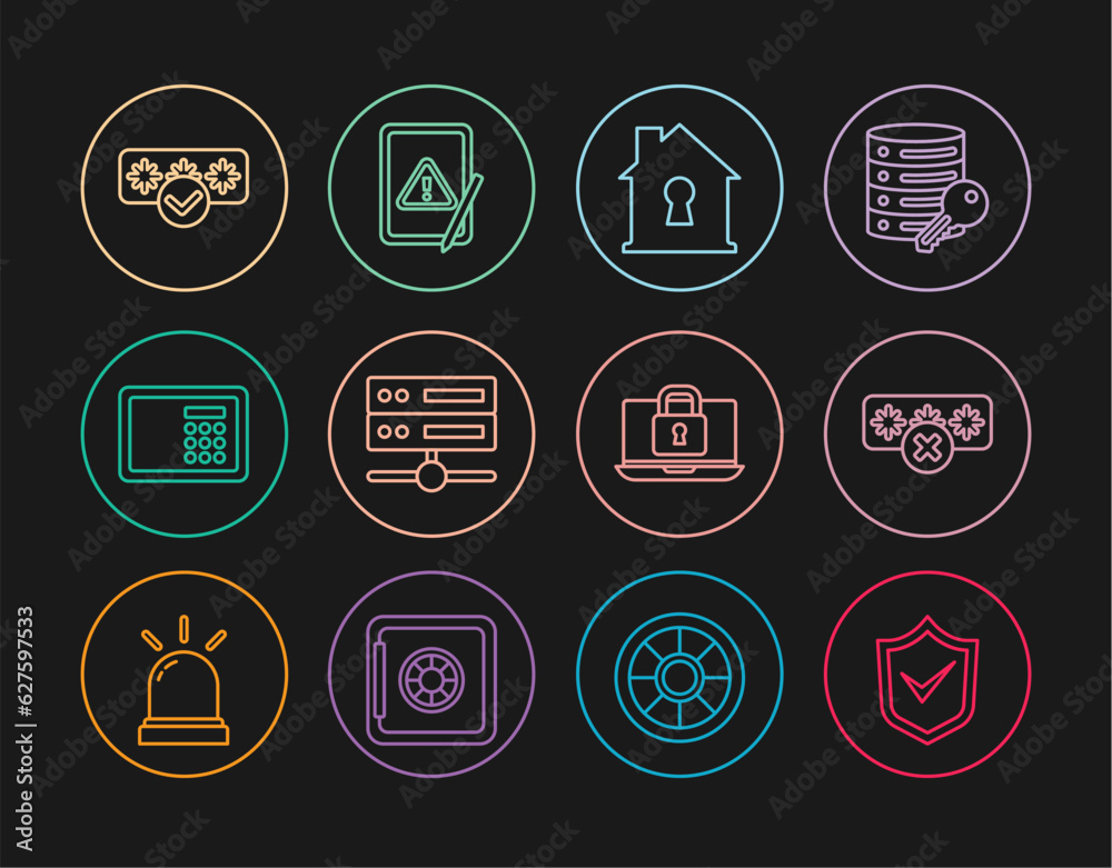 Set line Shield with check mark, Password protection, House under, Server, Data, Web Hosting, Safe, Laptop and lock and Tablet exclamation icon. Vector Set line Shield with check mark, Password protection, House under, Server, Data, Web Hosting, Safe, Laptop and lock and Tablet exclamation icon. Vector
