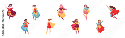Superhero Woman Characters Wearing Cape or Cloak Vector Set