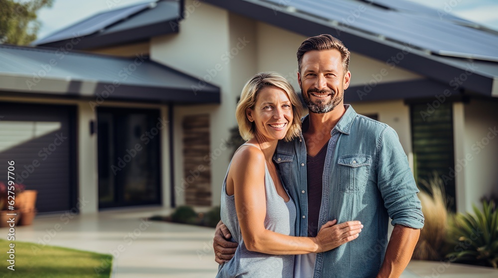 A happy couple stands smiling in the driveway of a large house with solar panels installed. Real estate new home concept. A happy couple stands smiling in the driveway of a large house with solar panels installed. Real estate new home concept.