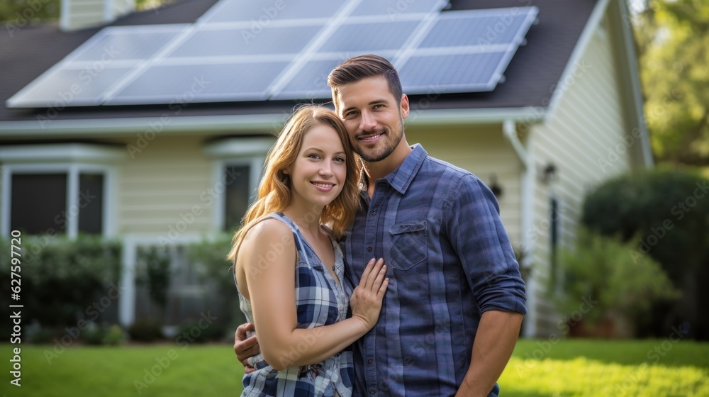 A happy couple stands smiling in the driveway of a large house with solar panels installed. Real estate new home concept.