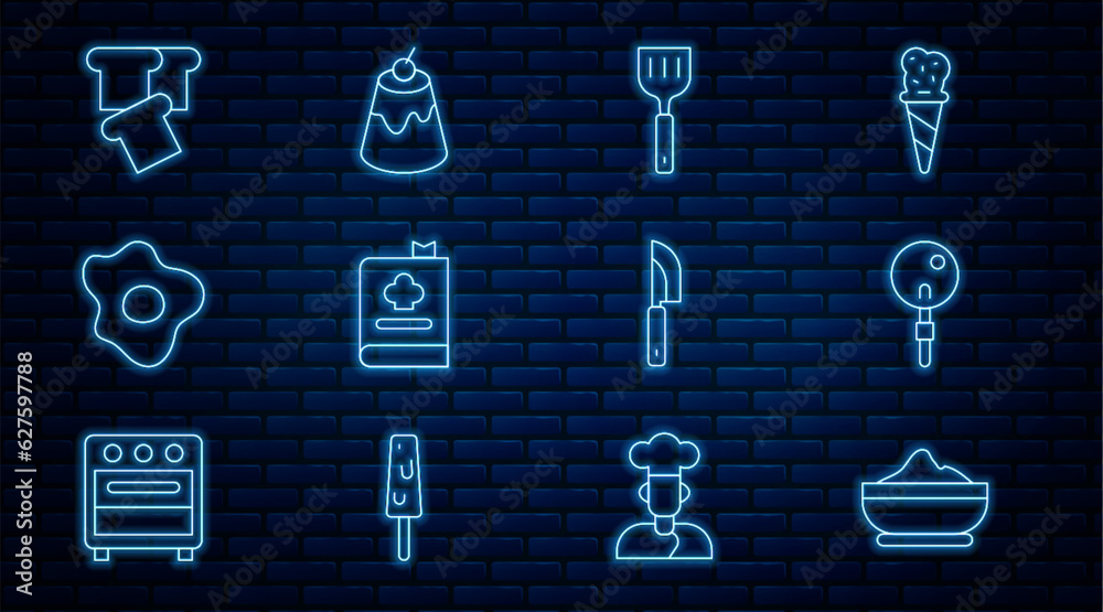 Set line Flour bowl, Lollipop, Spatula, Cookbook, Scrambled eggs, Bread toast, Knife and Pudding custard icon. Vector Set line Flour bowl, Lollipop, Spatula, Cookbook, Scrambled eggs, Bread toast, Knife and Pudding custard icon. Vector