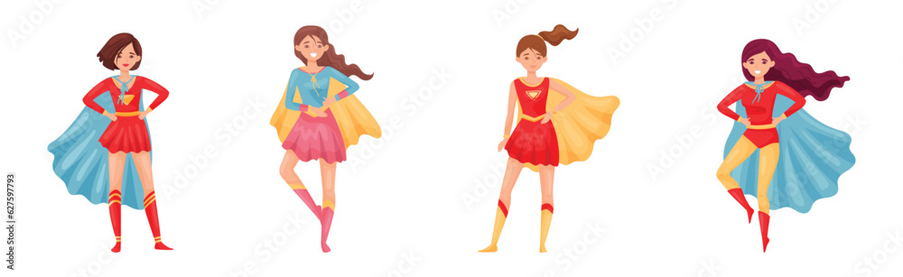 Superhero Woman Characters Wearing Cape or Cloak Vector Set Superhero Woman Characters Wearing Cape or Cloak Vector Set
