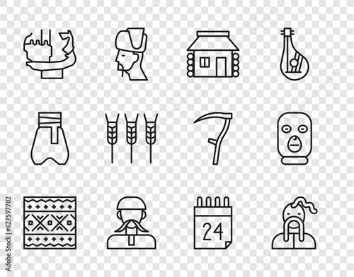 Set line Ukrainian ethnic pattern, cossack, house, Monument to founders of Kiev, Wheat, Independence day Ukraine and Thief mask icon. Vector