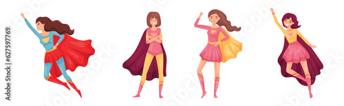 Superhero Woman Characters Wearing Cape or Cloak Vector Set