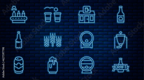 Set line Beer bottle, brewing process, Store building of beer shop, Wheat, Plastic, Conveyor band,, Wooden barrel rack and pong game icon. Vector