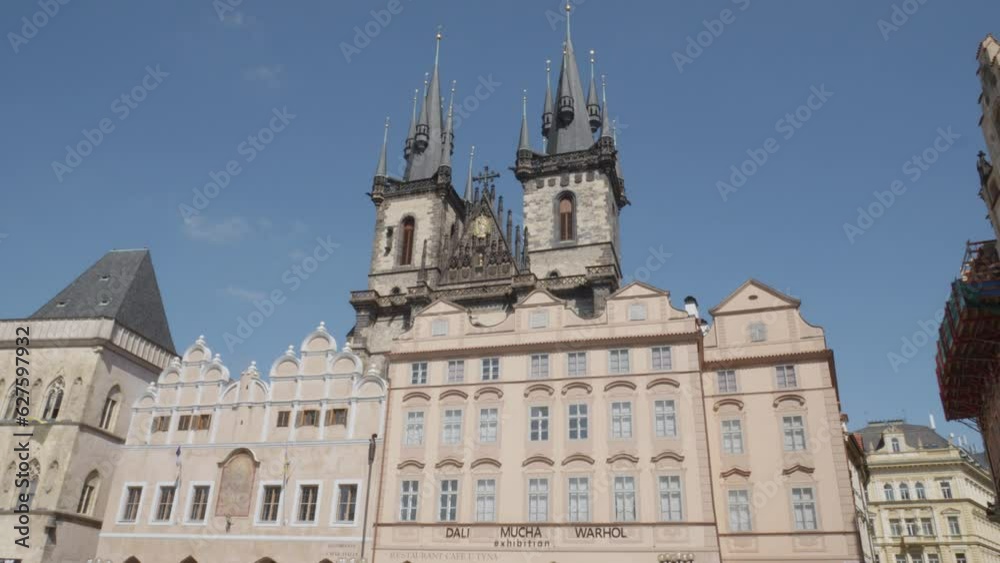 The landmark building of Galerie ART Praha at the Old Town Square in Prague, Czech Republic. Tilt up shot. The landmark building of Galerie ART Praha at the Old Town Square in Prague, Czech Republic. Tilt up shot.