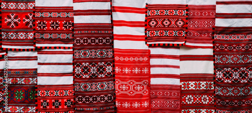 Linen Towels With Belorussian Ethnic National Folks Ornament On Clothes. Slavic Traditional Pattern Ornament Embroidery. Culture Of Belarus photo