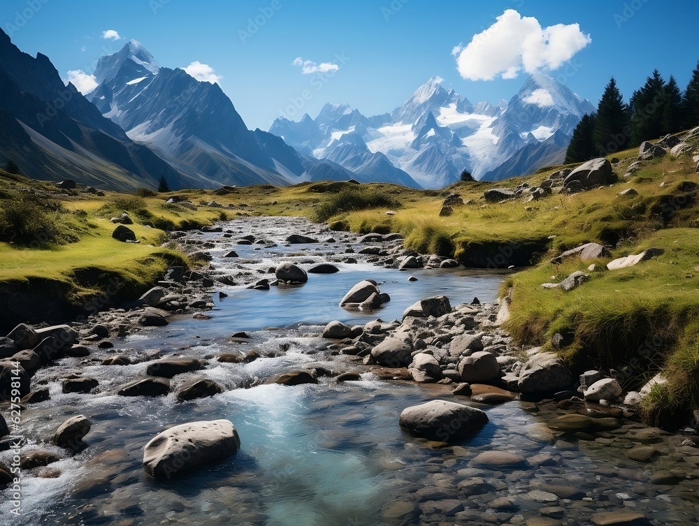 A picturesque mountainous landscape with a tranquil river winding through lush valleys and meadows generative ai