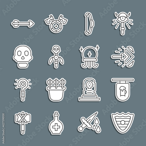 Set line Shield, Street signboard with Bar, Magic arrow, Medieval bow, staff, Skull, Arrow and ball icon. Vector