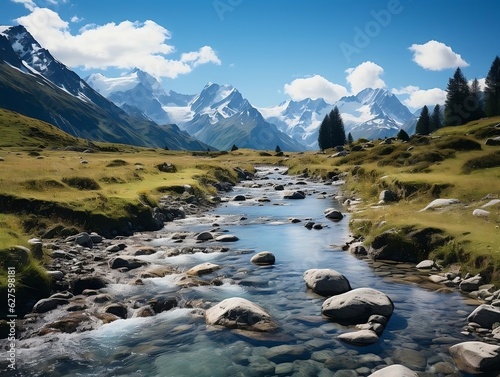 A picturesque mountainous landscape with a tranquil river winding through lush valleys and meadows generative ai © Generative Ai