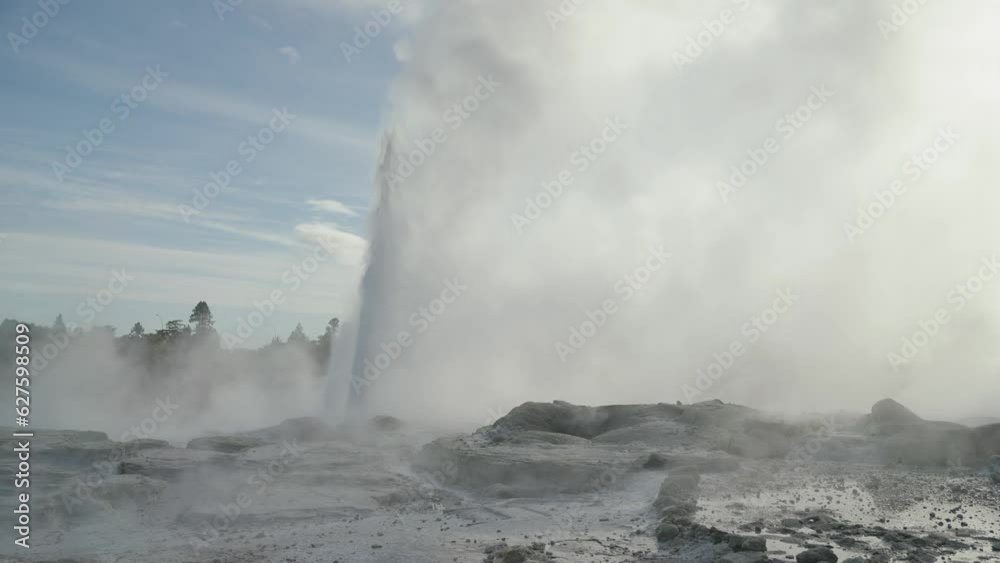 Rotorua steamy geothermal geyser, New Zealand, Slow motion iconic Rotorua steamy geothermal geyser, New Zealand, Slow motion iconic
