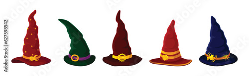 Witch Pointed Hat with Buckle and Wide Brim Vector Set