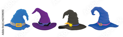 Witch Pointed Hat with Buckle and Wide Brim Vector Set