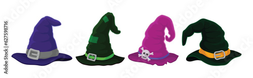 Witch Pointed Hat with Buckle and Wide Brim Vector Set