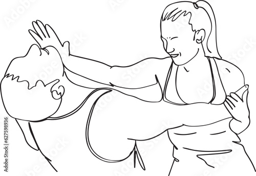  A Cartoon Sketch of Sportswomen Training in Self-Defense Karate with Their Gym Coach, Martial Arts Masters: Continuous Line Cartoon Depicting Sportswomen Practicing Self-Defense Karate in the Gym photo