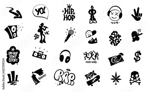 hip hop culture rap music graffiti break dance symbols icon set  isolated vector design element 