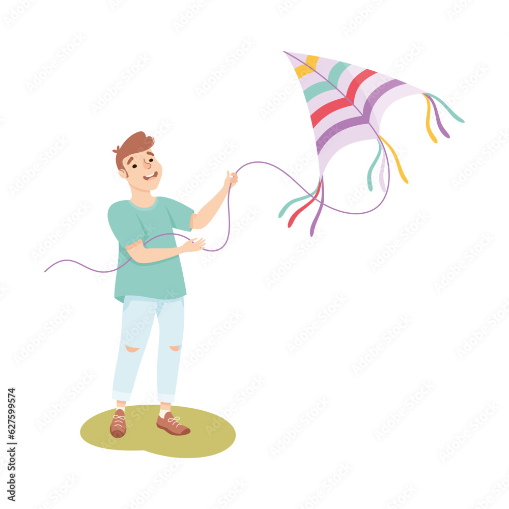 Young Man Flying Colorful Kite on Green Lawn Vector Illustration Young Man Flying Colorful Kite on Green Lawn Vector Illustration