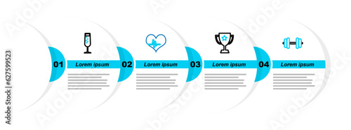 Set line Dumbbell, Trophy cup, Heart rate and Glass of champagne icon. Vector