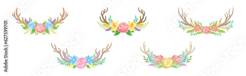 Beautiful Deer Antlers or Horns with Blooming Flowers Bouquet Vector Set