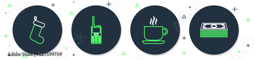 Set line Walkie talkie, Coffee cup, Christmas sock and Stacks paper money cash icon. Vector