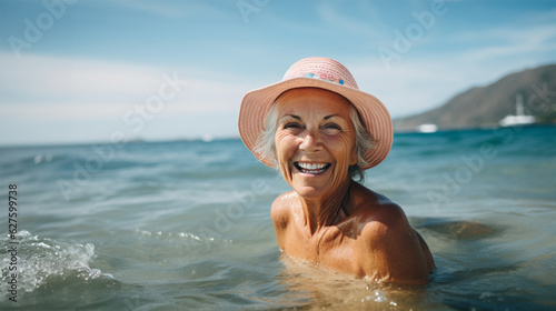 a mature, senior woman enjoying herself in the sea © Debi Kurnia Putra