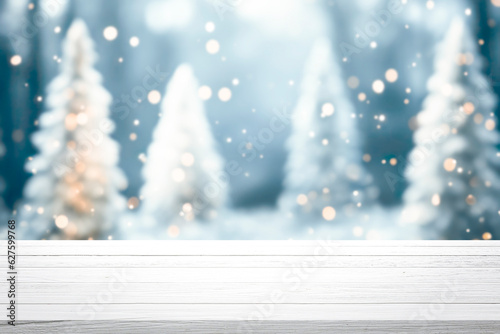 Empty wooden table for present product on christmas tree and bokeh blur background.