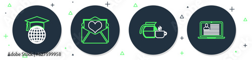 Set line Envelope with Valentine heart, Coffee pot cup, Graduation cap on globe and Laptop resume icon. Vector