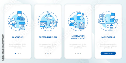 Diagnosis and treatment blue onboarding mobile app screen. Child clinic walkthrough 4 steps editable graphic instructions with linear concepts. UX, GUI template. Myriad Pro-Bold, Regular fonts used