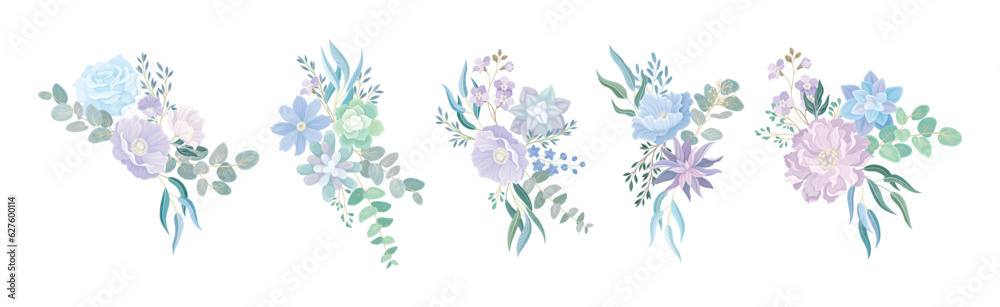Blue Flower Bouquet and Floral Blooming Composition Vector Set