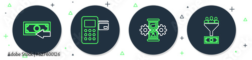 Set line Pos terminal, Hourglass and gear, Cash back and Lead management icon. Vector